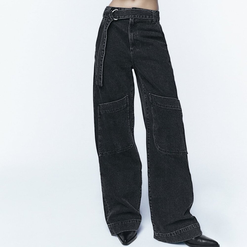 ZARA THE BELTED DENIM JEANS  WIDE LEG HIGH RISE SIZE 0 NWT